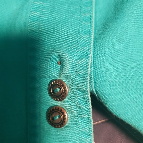 Vintage Nuovo Sz S Aztec Embellished Blue Cotton Cropped Button Up Shirt - Picture 8 of 13